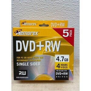 Memorex 4.7GB DVD+RW 5Pack For PC & Home Video Recordable Single Sided New